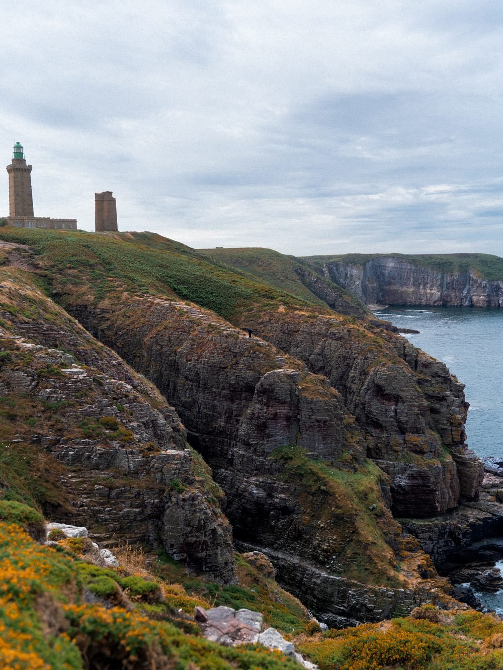 La pointe du cap et son phare, vus depuis les falaises couvertes d'ajoncs.